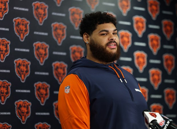 Bears offensive tackle Darnell Wright speaks with the media at Halas Hall on April 8, 2025, in Lake Forest. (Stacey Wescott/Chicago Tribune)