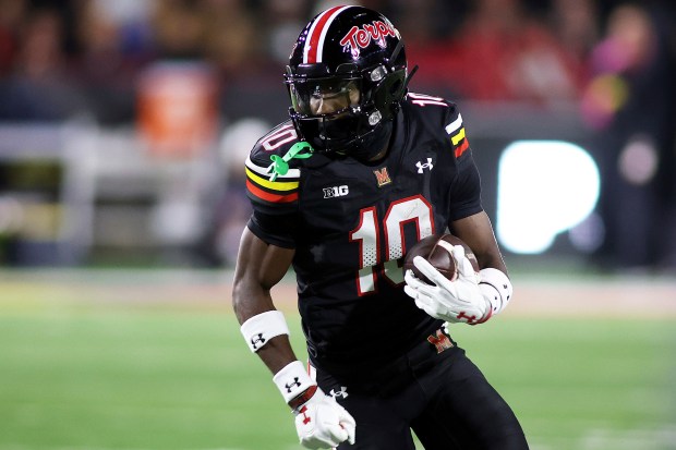 Maryland wide receiver Tai Felton runs with the ball against Northwestern on Oct. 11, 2024, in College Park, Md. (AP Photo/Daniel Kucin Jr.)