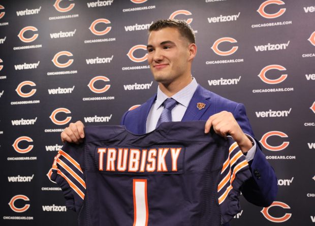 First-round Bears draft pick Mitch Trubisky is introduced at Halas Hall in Lake Forest on April 28, 2017. (Chris Walker/Chicago Tribune)