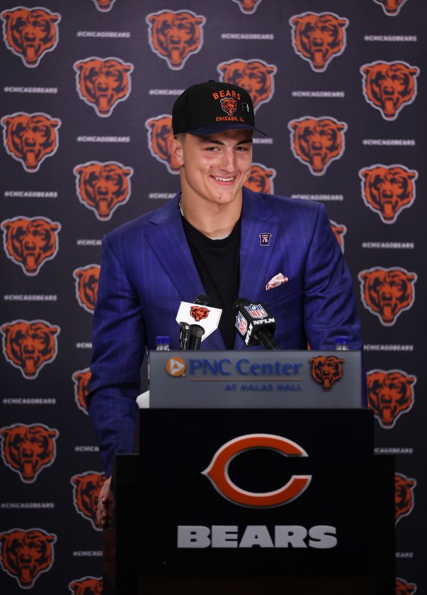 Tight end Colston Loveland, selected by the Bears with the...