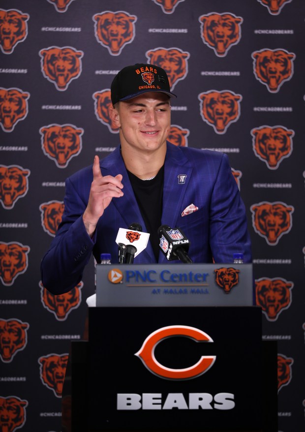 Tight end Colston Loveland, selected by the Bears with the...