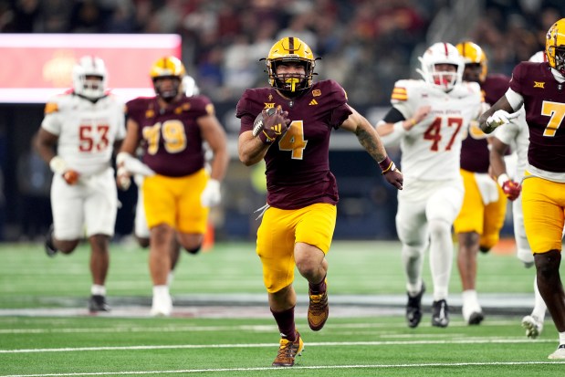 Arizona State running back Cam Skattebo runs against Iowa State during the Big 12 championship game Dec. 7, 2024, in Arlington, Texas. (AP Photo/Josh McSwain)