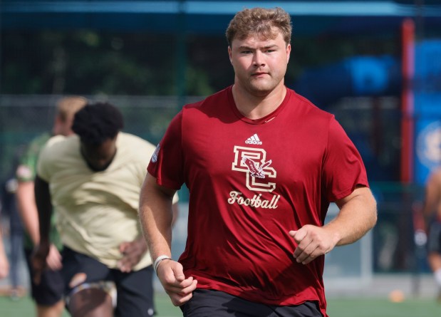 Boston College offensive tackle Ozzy Trapilo works out at the Bommarito Performance camp on Feb. 18, 2025, in Miami. (Joe Cavaretta/South Florida Sun Sentinel)