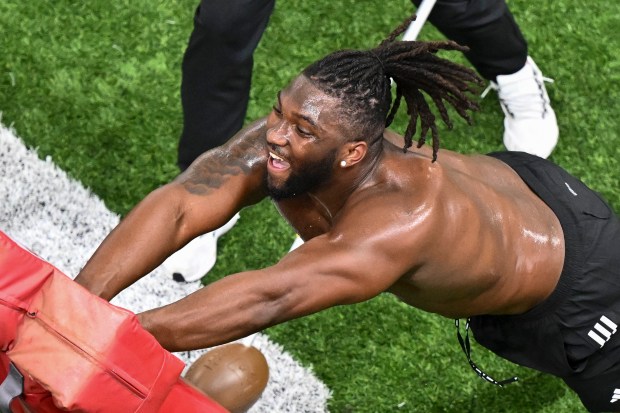 Defensive lineman Shemar Turner participates in a drill during Texas A&M's pro day on March 27, 2025, in College Station, Texas. (Maria Lysaker/Getty Images)