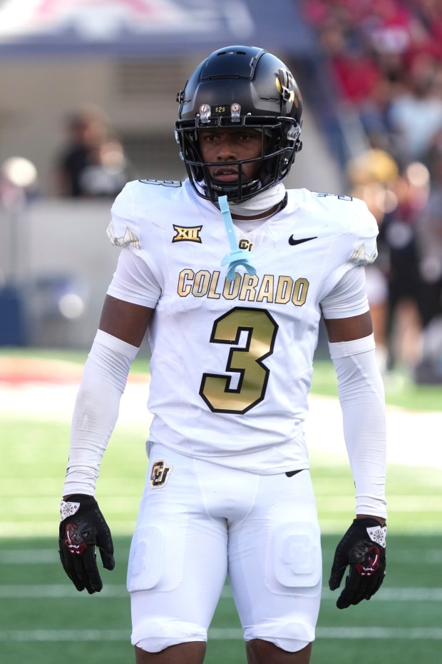 Colorado cornerback Colton Hood (3) in the first half during an NCAA college football game against Arizona, Saturday, Oct. 19, 2024, in Tucson, Ariz. (AP Photo/Rick Scuteri)
