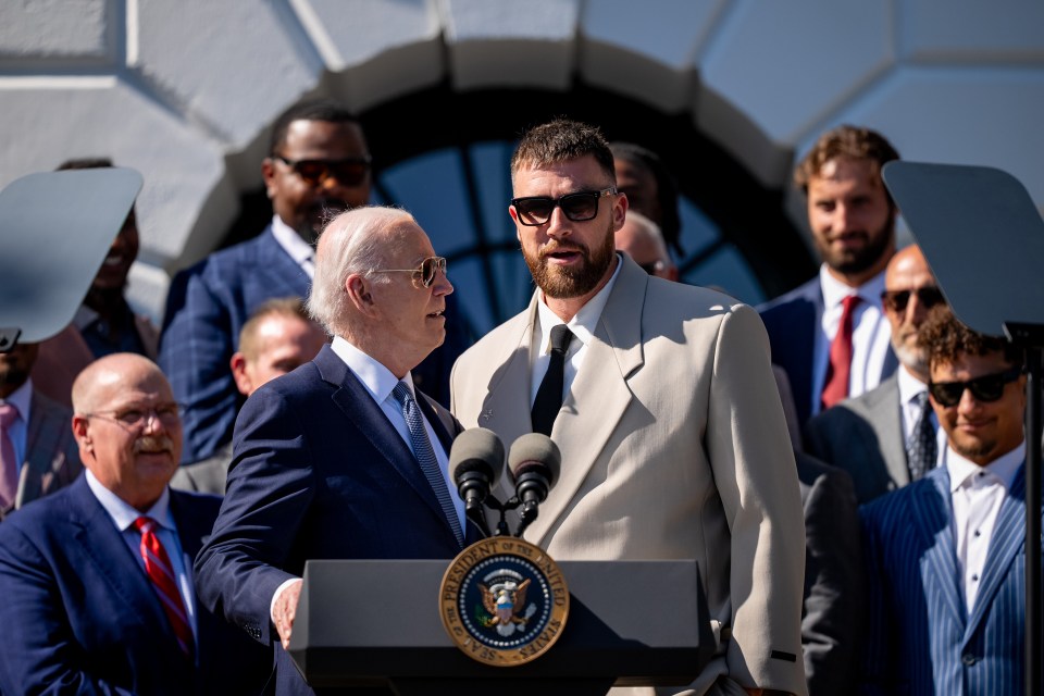 WASHINGTON, DC - MAY 31: U.S. President Joe Biden invites tight end Travis Kelce of the Kansas City Chiefs to speak during an event on the South Lawn of the White House on May 31, 2024 in Washington, DC. President Biden hosted the Chiefs to honor their 2024 Super Bowl win. Also pictured is NFL Kansas City Chiefs quarterback Patrick Mahomes (R) and head coach Andy Reid (L). (Photo by Andrew Harnik/Getty Images)