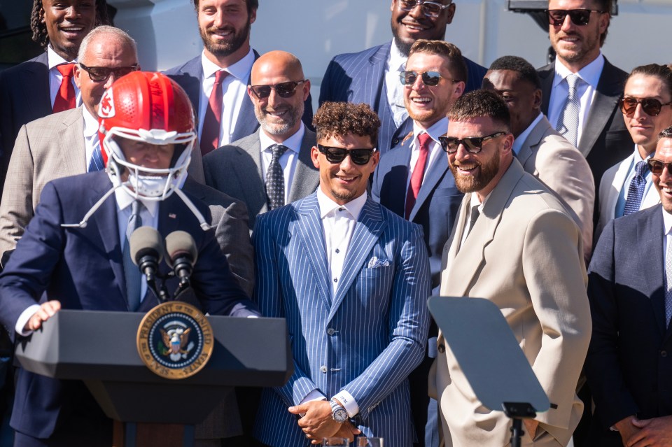 UNITED STATES - MAY 31: President Joe Biden speaks as Kansas City Chiefs players Patrick Mahomes, center, and Travis Kelce, right, look on, during an event to celebrate the Chiefs' Super Bowl LVIII championship at the White House on Friday, May 31, 2024. (Tom Williams/CQ-Roll Call, Inc via Getty Images)