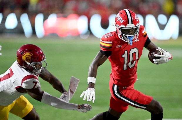 Tai Felton (10) of the Maryland Terrapins runs with the ball after a catch in the third quarter against Kamari Ramsey (7) of the USC Trojans at SECU Stadium on Oct. 19, 2024 in College Park, Md. (Greg Fiume, Getty Images)