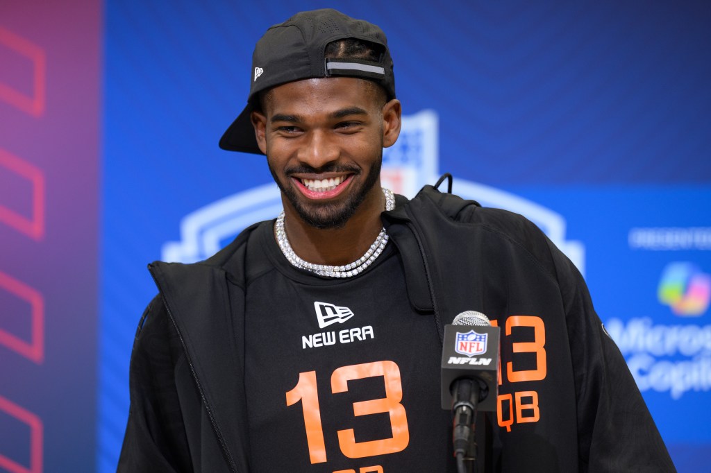 Colorado quarterback Shedeur Sanders answers questions from the media during the NFL Scouting Combine on February 28, 2025, at the Indiana Convention Center in Indianapolis, IN.