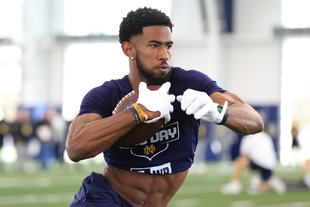 Beaux Collins #5 of the Notre Dame Fighting Irish runs a drill at the Notre Dame Pro Day at Irish Athletics Center on March 27, 2025 in Notre Dame, Indiana. 