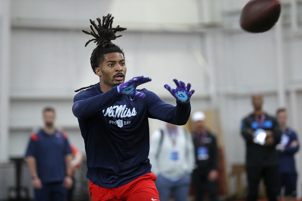 Mississippi Rebels participates in a drill during Ole Miss Pro Day at the Manning Athletic Center on March 28, 2025 in Oxford, Mississippi. 