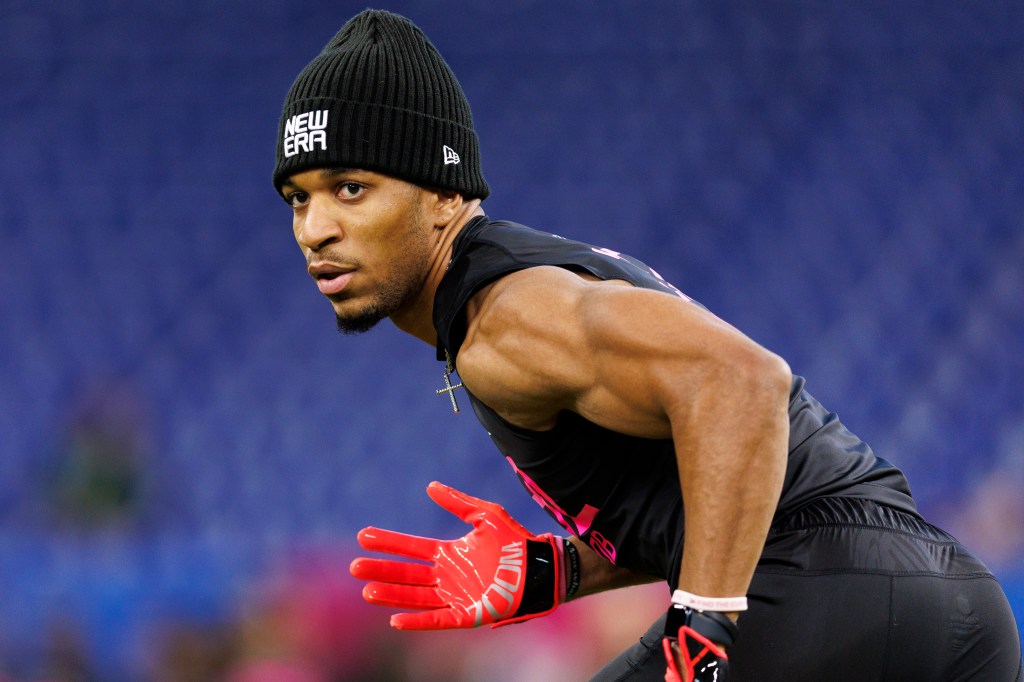 Azareye'h Thomas participates in a drill during the NFL Scouting Combine at Lucas Oil Stadium on February 28, 2025 in Indianapolis, Indiana. 