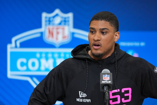 Xavier Watts speaks during a news conference at the NFL football scouting combine in Indianapolis on Thursday, Feb. 27, 2025. The Falcons selected the former Notre Dame safety in the third round of the NFL draft Friday. (Michael Conroy/AP)