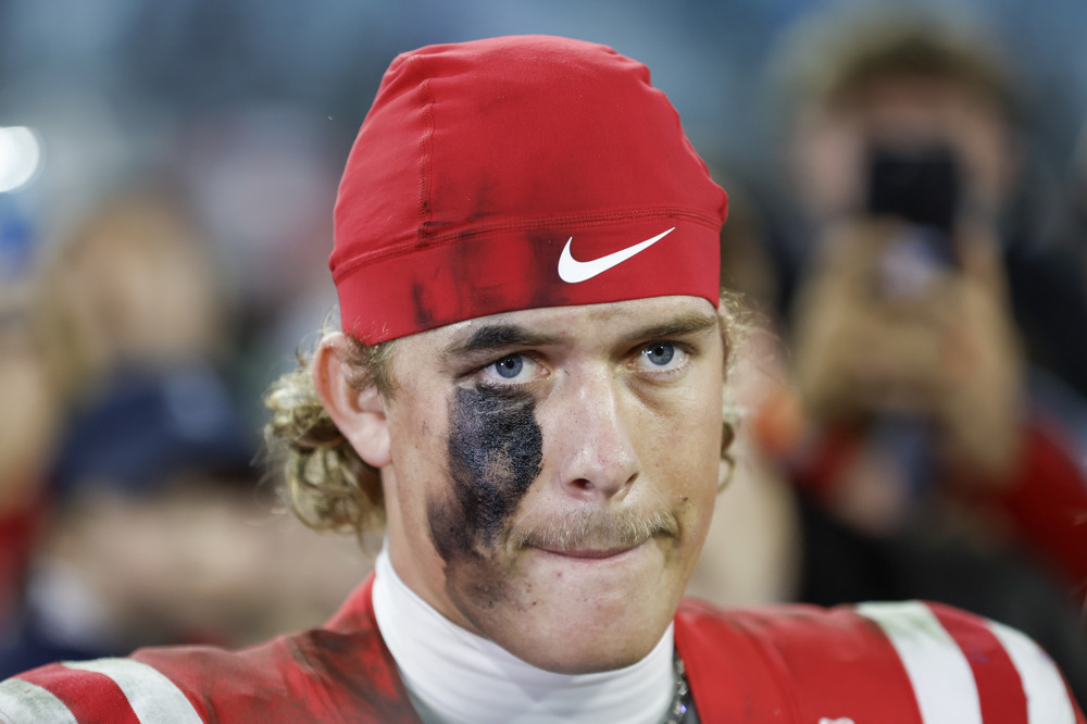 JACKSONVILLE, FL - JANUARY 02: Mississippi Rebels quarterback Jaxson Dart (2) looks on after the TaxSlayer Gator Bowl game between the Mississippi Rebels and the Duke Blue Devils on January 2, 2025, at EverBank Stadium in Jacksonville, Fl. (Photo by David Rosenblum/Icon Sportswire)