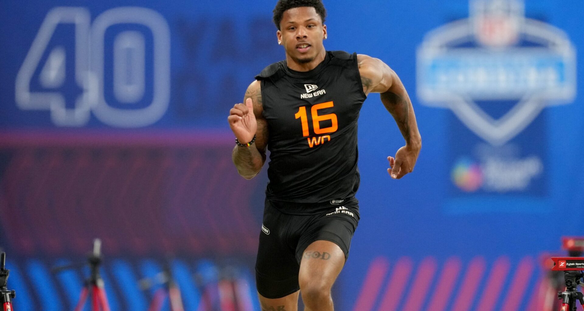 Mar 1, 2025; Indianapolis, IN, USA; Texas wideout Matthew Golden (WO16) during the 2025 NFL Combine at Lucas Oil Stadium.