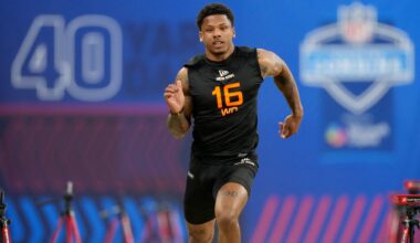 Mar 1, 2025; Indianapolis, IN, USA; Texas wideout Matthew Golden (WO16) during the 2025 NFL Combine at Lucas Oil Stadium.