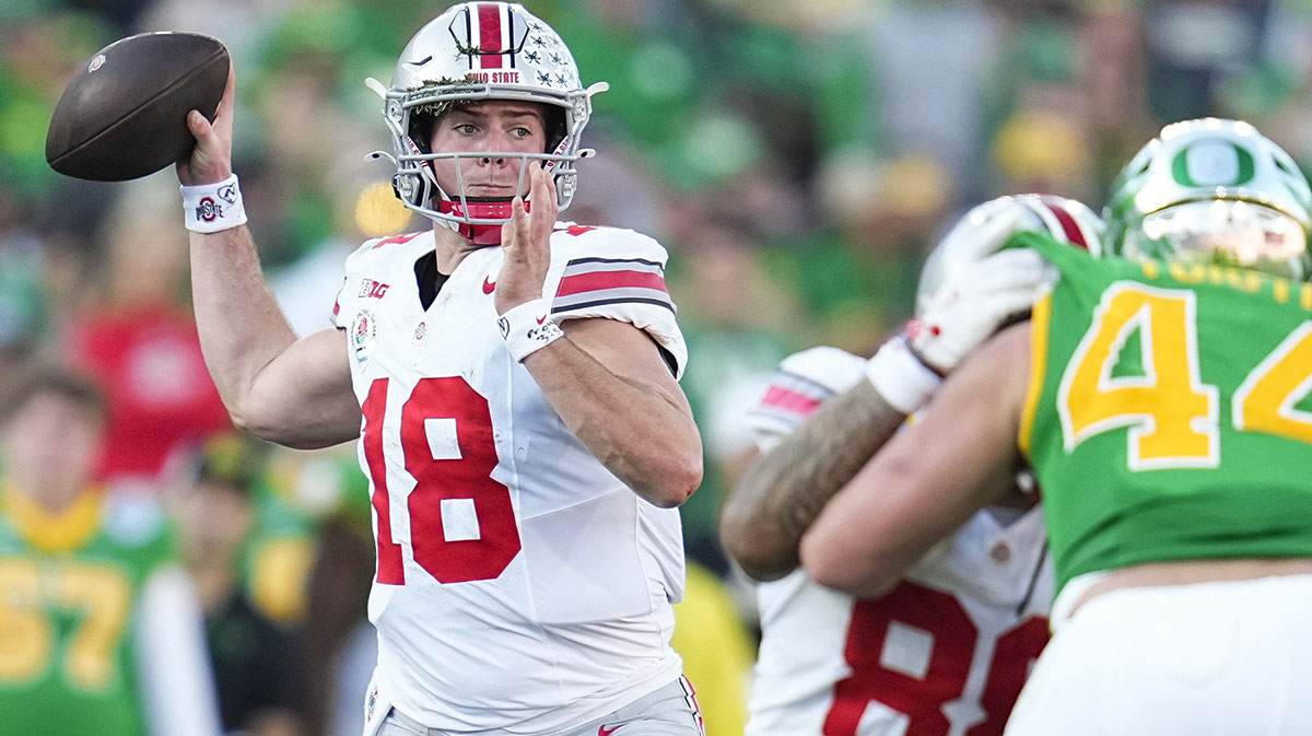 Ohio State Buckeyes quarterback Will Howard (18) throws during the first half of the College Football Playoff quarterfinal against the Oregon Ducks at the Rose Bowl in Pasadena, Calif. on Jan. 1, 2025.