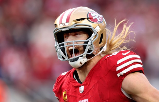 San Francisco 49ers' George Kittle (85) lets out a yell after scoring on a 44-yard touchdown play against the Seattle Seahawks in the fourth quarter at Levi's Stadium in Santa Clara, Calif., on Sunday, Dec. 10, 2023. (Karl Mondon/Bay Area News Group)
