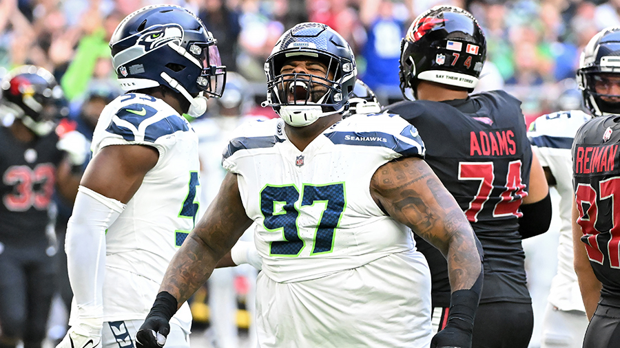 Seattle Seahawks DT Johnathan Hankins celebrates sack 2024...