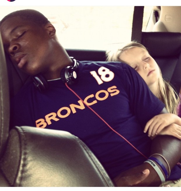 Future Broncos linebacker Dre Greenlaw, at 15 years old, sleeping on the way back from a family trip to White Water in Branson, Mo. (Photo provided by Brian Early)
