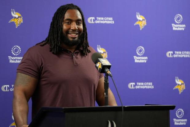 Vikings first-round draft pick Donovan Jackson answers questions during a news conference April 25, 2025, in Eagan, Minn. (AP Photo/Abbie Parr)
