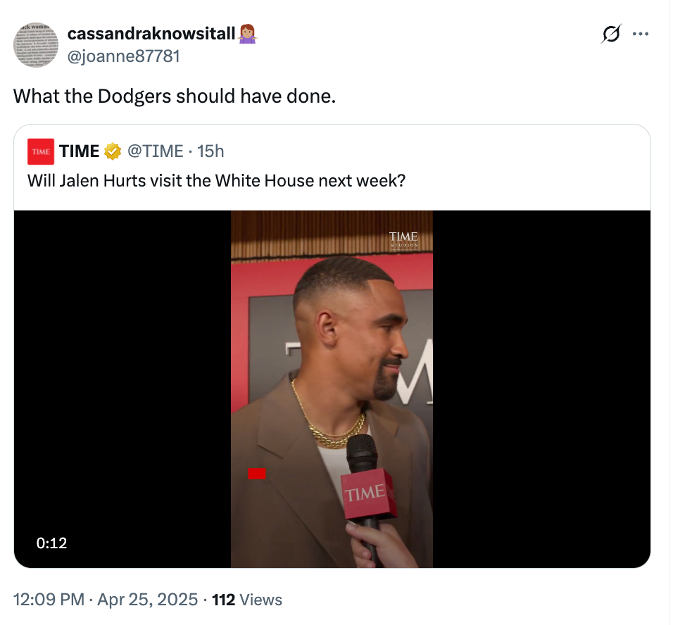 Screenshot of a tweet about a TIME video asking if Jalen Hurts will visit the White House next week. User comments on the Dodgers