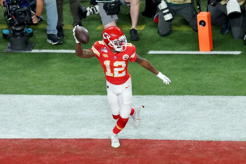 LAS VEGAS, NEVADA - FEBRUARY 11: Mecole Hardman Jr. #12 of the Kansas City Chiefs celebrates after catching the game-winning touchdown in overtime to defeat the San Francisco 49ers 25-22 during Super Bowl LVIII at Allegiant Stadium on February 11, 2024 in Las Vegas, Nevada. (Photo by Michael Reaves/Getty Images)