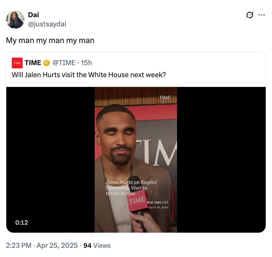 Image showing Twitter post by Dai, featuring a video still of a man in a suit with text about a potential White House visit