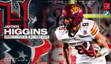 The Houston Texans selected Iowa State wide receiver Jayden Higgins Friday night with the 34th overall pick in the second round of the 2025 NFL Draft.