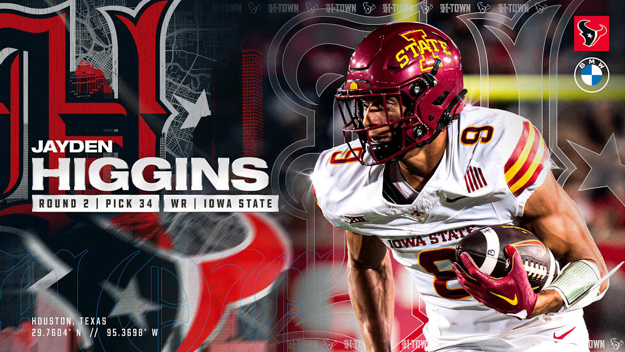 The Houston Texans selected Iowa State wide receiver Jayden Higgins Friday night with the 34th overall pick in the second round of the 2025 NFL Draft.