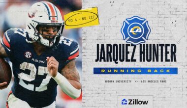Running Back Jarquez Hunter, Auburn, Round 4, Pick 117
