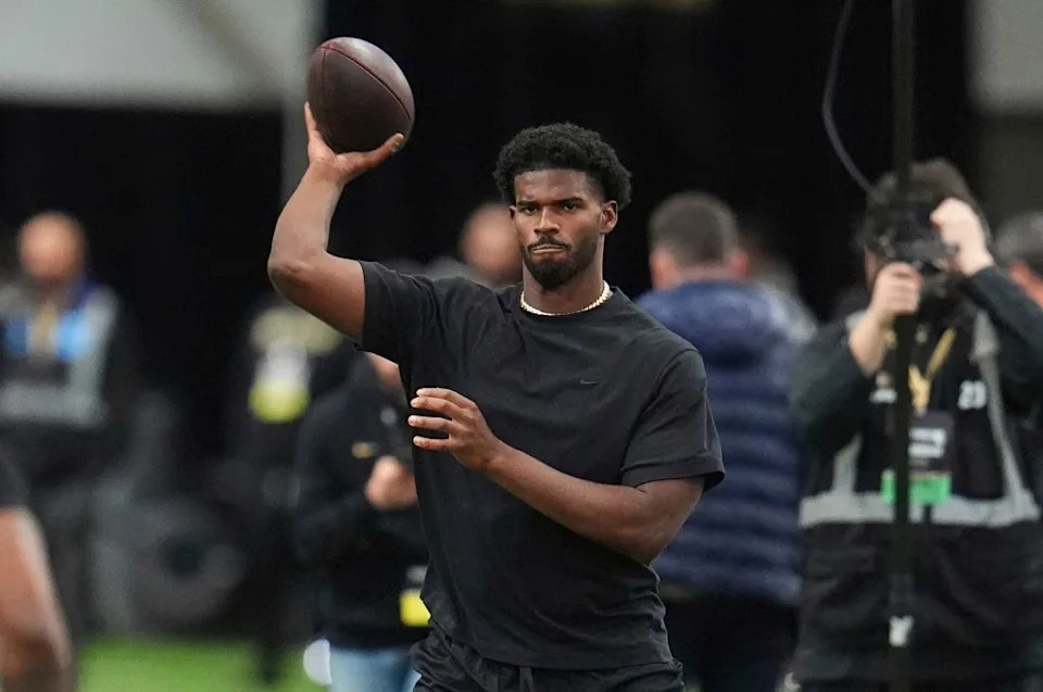 Colorado quarterback Shedeur Sanders takes part in passing drills during Colorado’s NFL football pro day Friday, April 4, 2025, in Boulder, Colo. AP