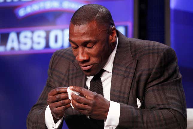DALLAS, TX - FEBRUARY 5: Shannon Sharpe reacts after being inducted into the 2011 Pro Football Hall of Fame class during an announcement at the Super Bowl XLV media center on February 5, 2011 in Dallas, Texas.