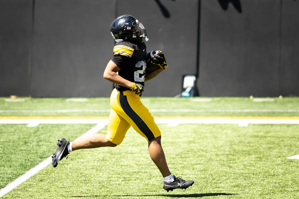 Apr 26, 2025; Iowa City, IA, USA; Iowa running back Kamari Moulton (28) rushes during a spring NCAA football open practice at Kinnick Stadium. Mandatory Credit: Joseph Cress/For the Register