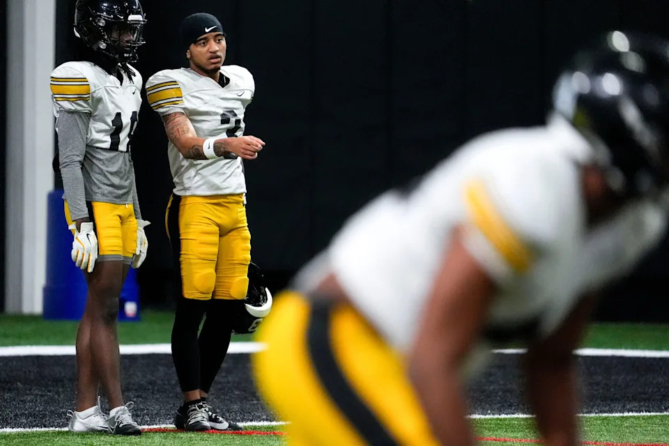 Iowa defensive back Jaylen Watson (3) watches a drill with other players during practice Thursday, April 3, 2025 in Iowa City, Iowa.