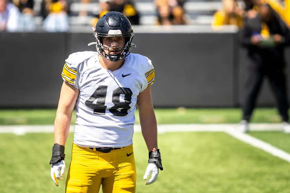 Apr 26, 2025; Iowa City, IA, USA; Iowa defensive lineman Max Llewellyn (48) looks to the sideline during a spring NCAA football open practice at Kinnick Stadium. Mandatory Credit: Joseph Cress/For the Register