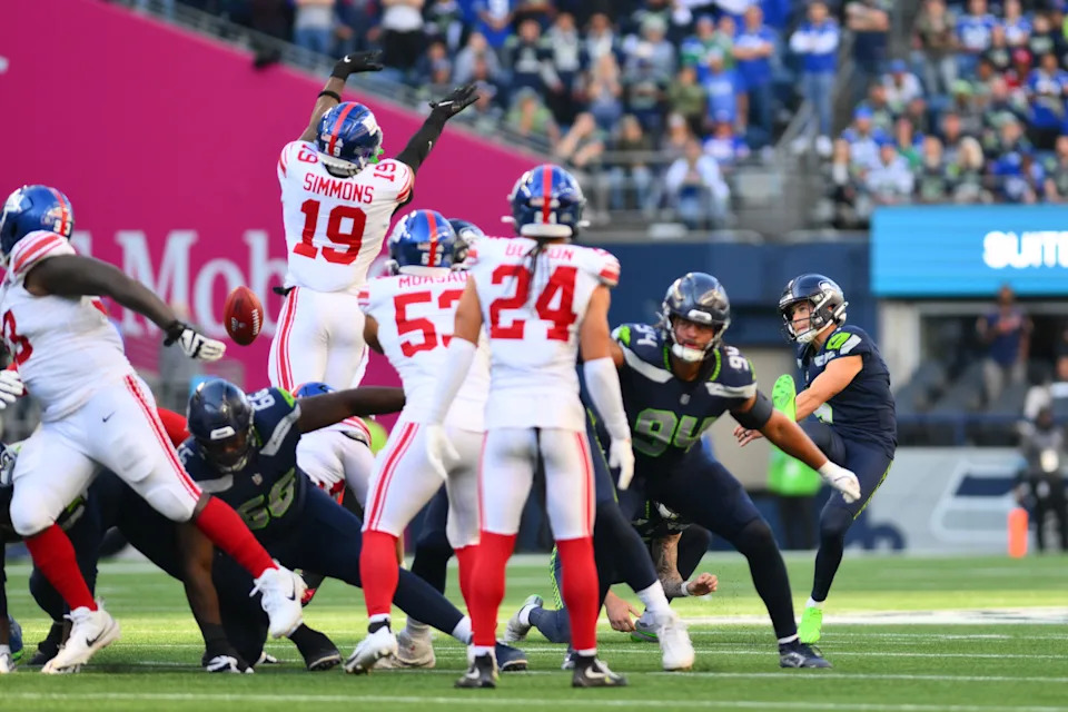 Giants safety Isaiah Simmons blocks a Seahawks field goal in Week 5.Steven Bisig-Imagn Images
