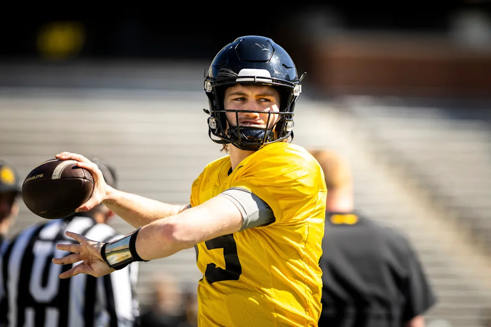 Apr 26, 2025; Iowa City, IA, USA; Iowa quarterback Jackson Stratton (19) throws during a spring NCAA football open practice at Kinnick Stadium. Mandatory Credit: Joseph Cress-The Des Moines Register