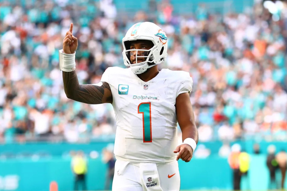 MIAMI GARDENS, FLORIDA - DECEMBER 17: Tua Tagovailoa #1 of the Miami Dolphins reacts during the second half of a game against the New York Jets at Hard Rock Stadium on December 17, 2023 in Miami Gardens, Florida. (Photo by Megan Briggs/Getty Images)
