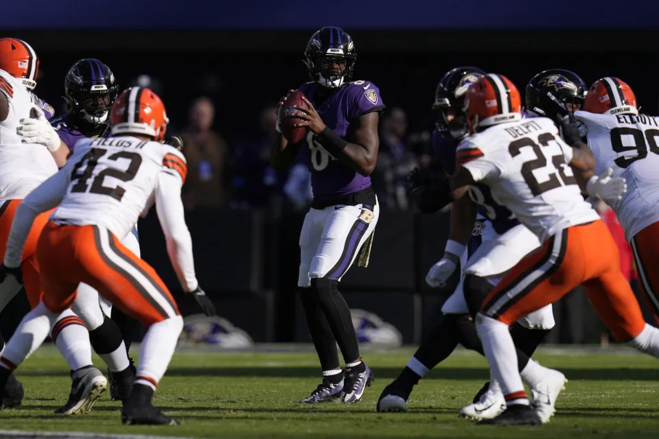 Nov 12, 2023; Baltimore, Maryland, USA; Baltimore Ravens quarterback Lamar Jackson (8) scrambles against the Cleveland Browns during the second quarter at M&T Bank Stadium. Mandatory Credit: Jessica Rapfogel-USA TODAY Sports