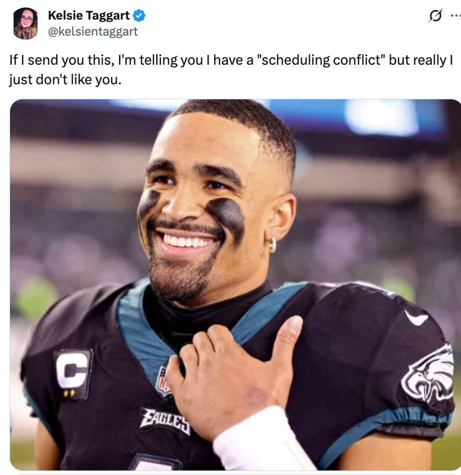 Smiling football player in uniform on field; tweet above jokingly implies using "scheduling conflict" to avoid undesired interactions