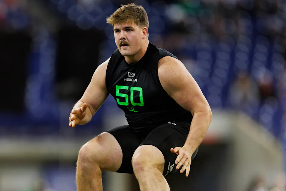 INDIANAPOLIS, INDIANA - MARCH 2: Grey Zabel #OL50 of North Dakota State participates in a drill during the NFL Scouting Combine at Lucas Oil Stadium on March 2, 2025 in Indianapolis, Indiana. (Photo by Brooke Sutton/Getty Images)