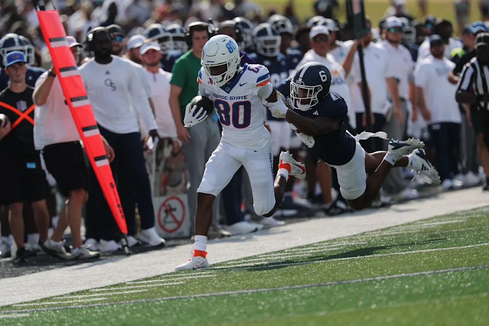 Saturday, August 31, 2024; Statesboro, Georgia; Georgia Southern's Cam Williams attempts to stop Boise State's Cameron Bates during the season opener on Saturday, August 31, 2024 Paulson Stadium in Statesboro, Georgia.