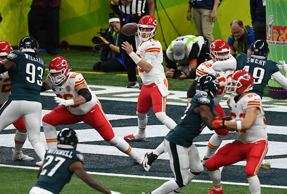 NEW ORLEANS, LOUISIANA - FEBRUARY 09: Patrick Mahomes #15 of the Kansas City Chiefs throws a pass against the Philadelphia Eagles in the second quarter during Super Bowl LIX at Caesars Superdome on February 09, 2025 in New Orleans, Louisiana. (Photo by Focus on Sport/Getty Images)