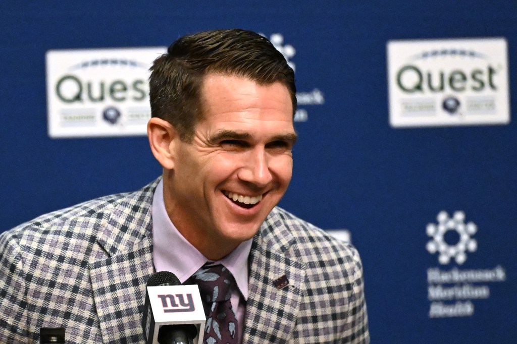 Joe Schoen reacts during a press conference with reporters April 24.