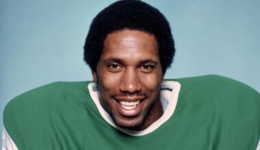 Jerry Robinson celebrates Jihaad Campbell being drafted in the first round by the Eagles