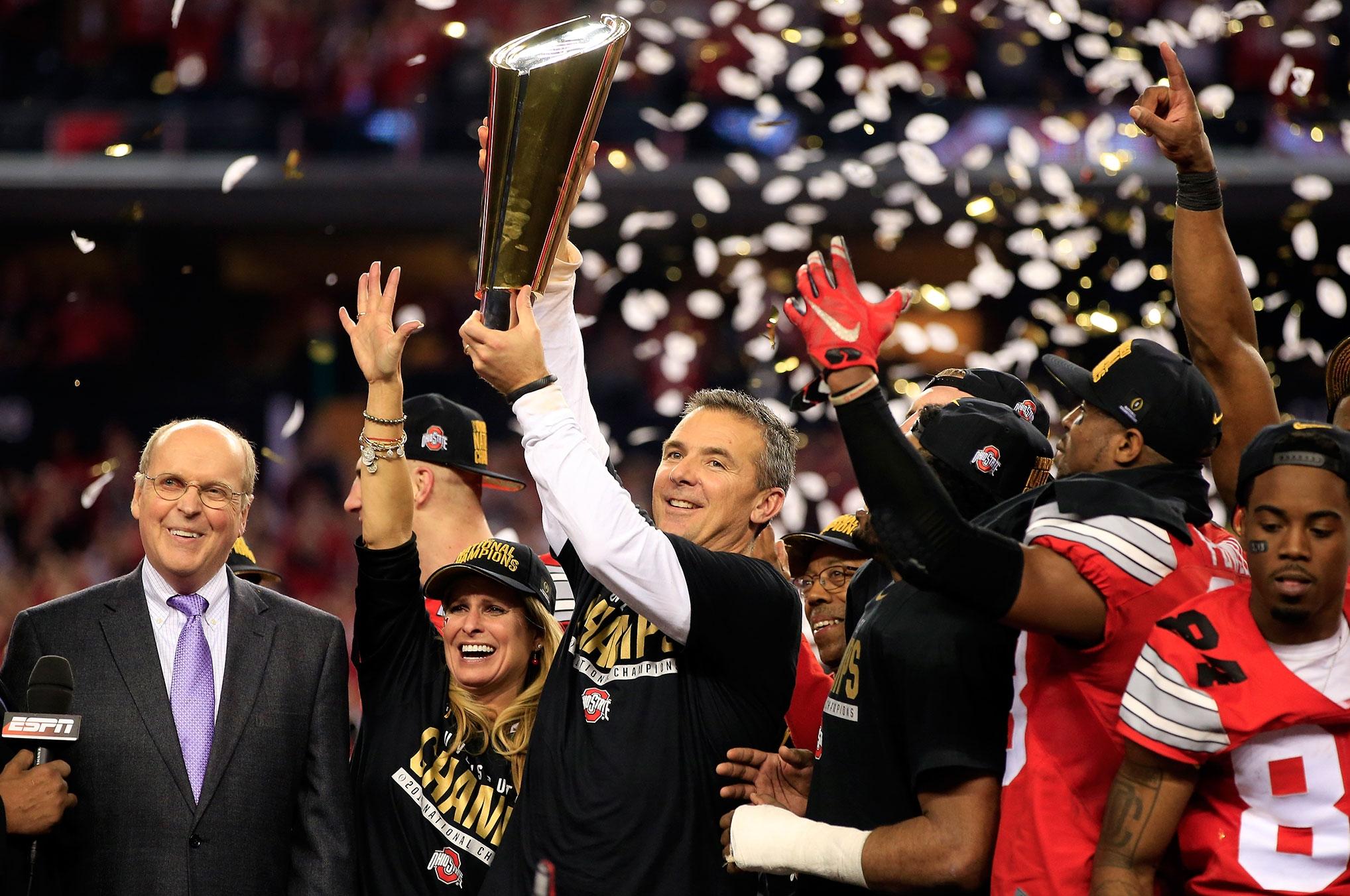 Ohio State celebrates after winning the first College Football Playoff championship.