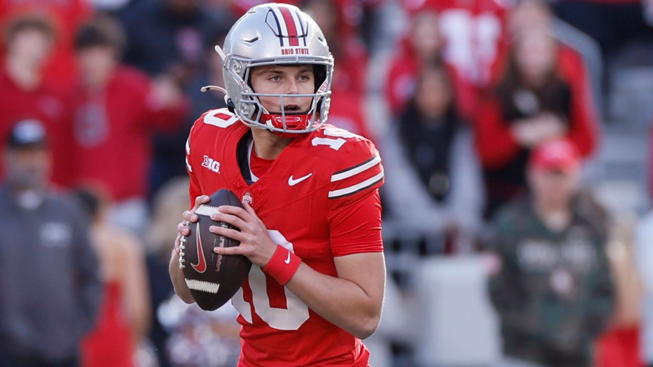 Ohio State quarterback Julian Sayin plays against Purdue during an NCAA college football game Saturday, Nov. 9, 2024, in Columbus, Ohio.