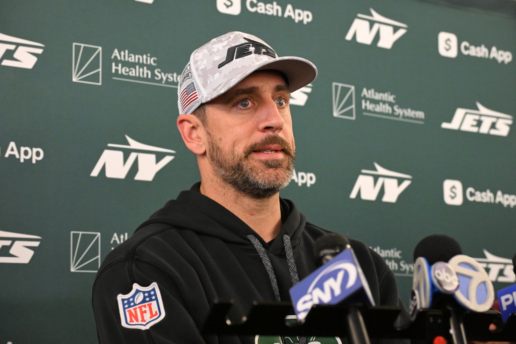 Jets quarterback Aaron Rodgers speaks to the media after practice in Florham Park, NJ.