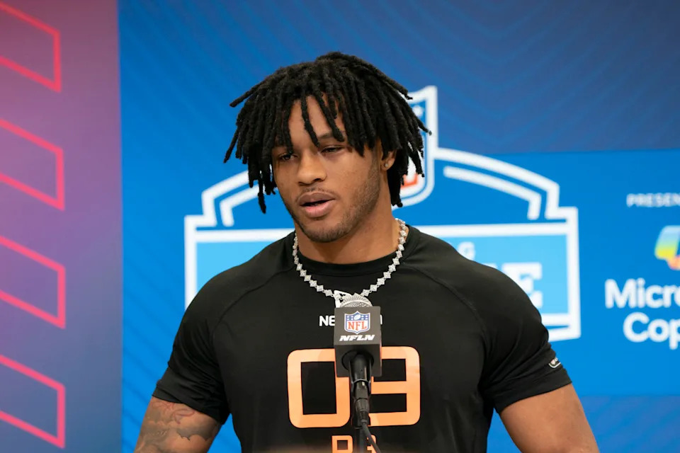 Omarion Hampton at the 2025 NFL draft combine. © Stephanie Amador Blondet-Imagn Images